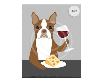 357DP Wine Dog Art - Red and White Boston Terrier Drinking Wine Wall Art - Wine and Cheese - Wine Mom Gifts - Cute Boston Terrier Gifts