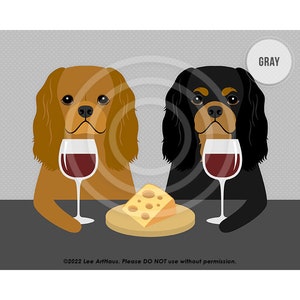 444DP Two Cavalier King Charles Spaniels Drinking Wine and Eating Cheese Wall Art Dog Wall Decor Cavie Art Prints Dog Drinking Wine image 1