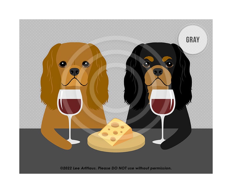 444DP Two Cavalier King Charles Spaniels Drinking Wine and Eating Cheese Wall Art Dog Wall Decor Cavie Art Prints Dog Drinking Wine image 1