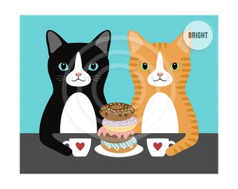 728DP Cat Drawing - Two Cats Eating Donuts and Drinking Coffee Wall Art - Cat Lover Gifts - Cat Couple - Cute Cat Art - Cat Illustration