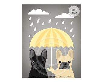 543DP Dog Art Prints - Two French Bulldogs with Yellow Umbrella Wall Art - Funny Dog Art Print - French Bulldog Wall Art - Umbrella Drawing