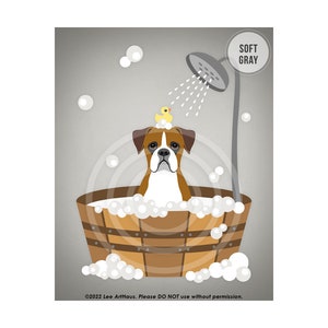 45DP Dog Prints Brown Boxer Dog in Wooden Tub Wall Art Bathroom Art Boxer Print Bath Print Dog Drawing Dog Art Pet Portrait SOFT GRAY