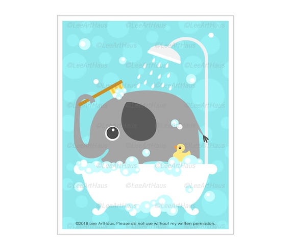 37a Bathroom Print Elephant In Bathtub With Rubber Duck Wall Etsy