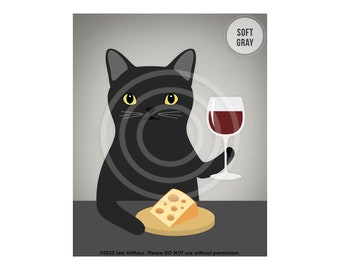719DP Black Cat Drinking Wine and Eating Cheese Art - Cat Drinking Wine - Cat Drawing - Cat Gifts - Wine and Cheese - Cat Wall Art