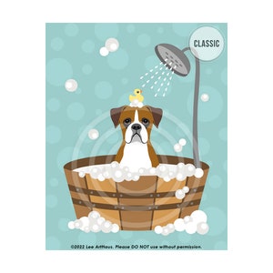 45DP Dog Prints Brown Boxer Dog in Wooden Tub Wall Art Bathroom Art Boxer Print Bath Print Dog Drawing Dog Art Pet Portrait CLASSIC