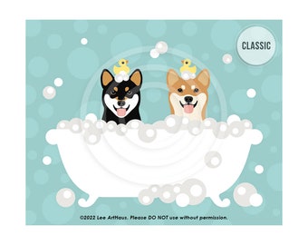 212DP Dog Prints - Two Happy Shiba Inu Dogs in Bubble Bath Bathtub Wall Art - Shiba Mom Gifts - Cute Dog Artwork - Shiba Inus - Dog Decor