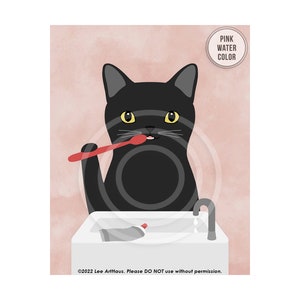 292DP Black Cat Bath Art Black Cat Brushing Teeth Wall Art Black Cat Decor Brush Your Teeth Sign Cat Lovers Gift Bath Wall Decor WATERCOLOR PINK