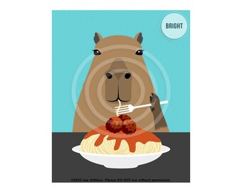 54JP Spaghetti Art - Capybara Eating Spaghetti and Meatballs Wall Art - Capybara Gift - Funny Animal Prints - Funny Kitchen Art - Food Art