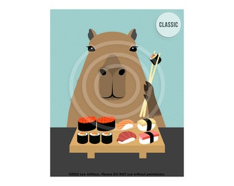 45JP Capybara Print - Capybara Eating Sushi Wall Art - Capybara Gift - Sushi Art - Animal Eating Sushi - Kitchen Decor - Animal Art Print