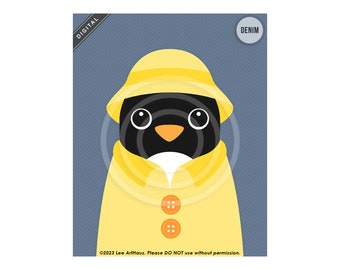 42A Penguin Wearing Raincoat and Hat Digital Art Print - Penguin Art - Penguin Nursery Decor - Yellow Rain Coat - Cute Animal Drawing