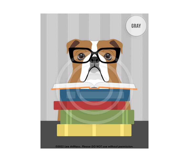 527DP English Bulldog Reading Stack of Books Wall Art English Bulldog Decor Classroom Wall Art Animal Reading Book Library Decor GRAY