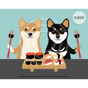 646DP Sushi Art Prints - Two Shiba Inu Dogs Eating Sushi Wall Art - Shiba Inu Dog Drawing - Japanese Food Art - Pet Portrait - Sushi Drawing