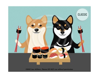 646DP Sushi Art Prints - Two Shiba Inu Dogs Eating Sushi Wall Art - Shiba Inu Dog Drawing - Japanese Food Art - Pet Portrait - Sushi Drawing