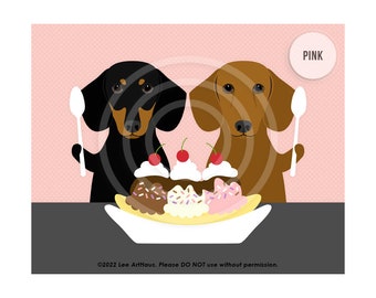 510DP Dog Print - Two Dachshunds Eating Banana Split Wall Art Print - Ice Cream Print - Dachshund Print - Dotson Wall Art - Funny Dog Print