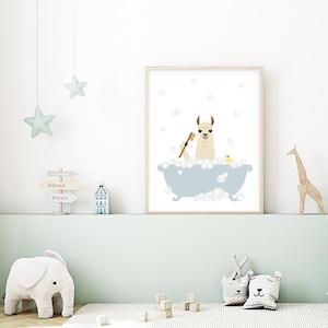 36JW Bath Print - Llama in Bubble Bath Wall Art - Bathtub Print - Llama Drawing - Funny Farm Animals - White Llama Print - Art for Children