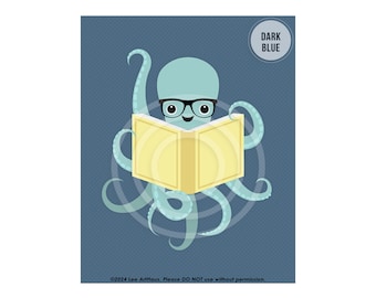 12AP Octopus Reading Book Wall Art - Funny Animal Art - Book Poster - Library Room Decor - Cute Animal Prints - Octopus Art - Book Decor