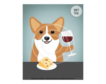 451DP Pembroke Welsh Corgi Art - Corgi Dog Drinking Wine and Eating Cheese Wall Art - Corgi Gifts - Wine Lover Gifts - Wine and Cheese Print