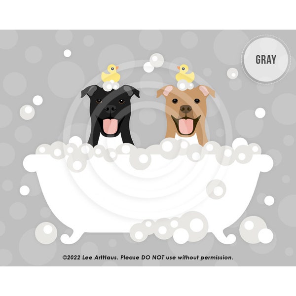 133DP - Dog Art Prints- Two Pit Bull Dogs in Bathtub Wall Art - Pit Bull Decor - Pitbull Drawing - Dog Taking Bath - Pit Bull Mom Gifts