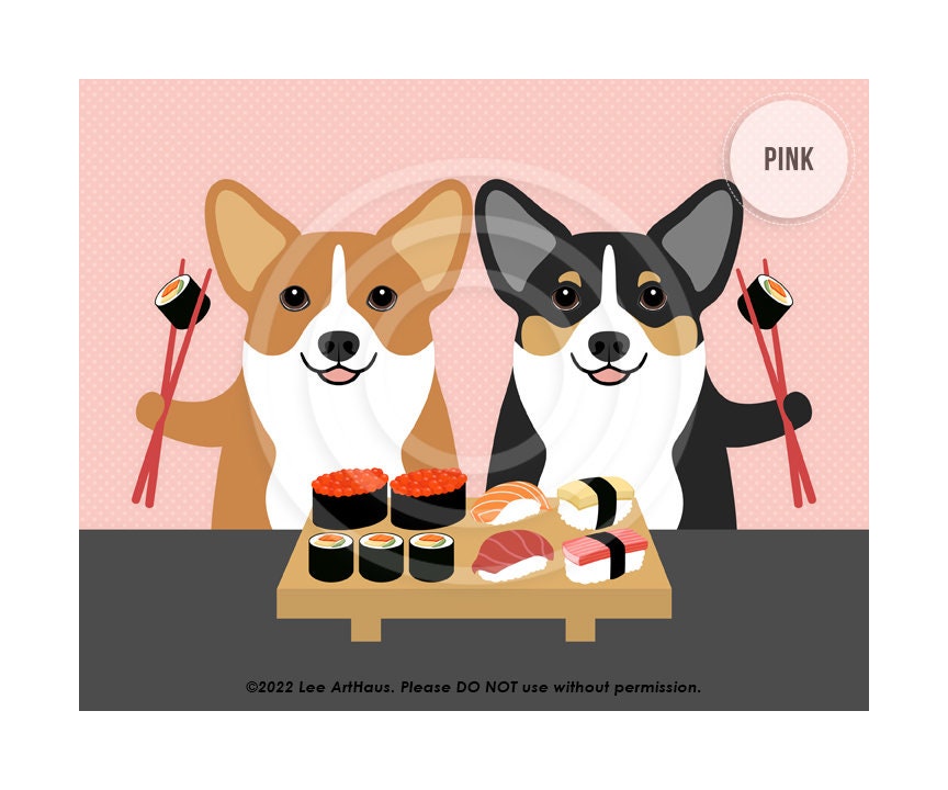 468DP Corgi Gifts Two Corgi Dogs Eating Sushi Wall Art Print Sushi