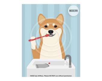 208DP Shiba Inu Art - Red Shiba Inu Brushing Teeth Wall Art - Denitst Office Decor - Brush Your Teeth Sign - Dentist Gift - Dog Bath Decor