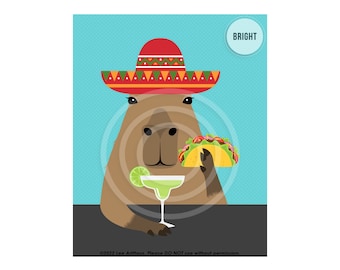 46JP Taco Art Prints - Capybara Eating Taco and Drinking Margarita Wall Art - Capybara Decor - Taco Tuesday Sign - Taco Decor - Capybara Art