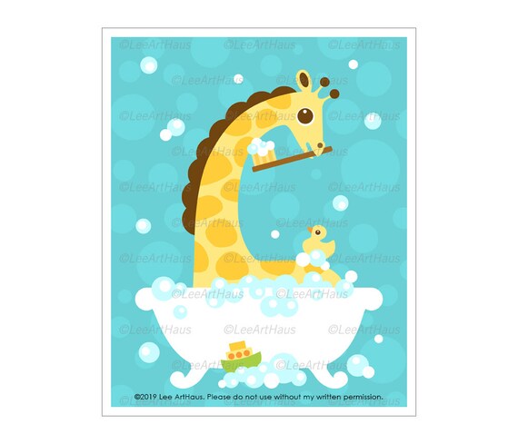 33a Giraffe Print Giraffe In Bathtub Wall Art Nursery Etsy