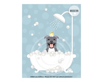 150DP Dog Art - Gray Pit Bull Dog in Bubble Bath Wall Art - Pit Bull Decor - Cute Dog Illustration - Dog Portrait - Dog Nursery Art