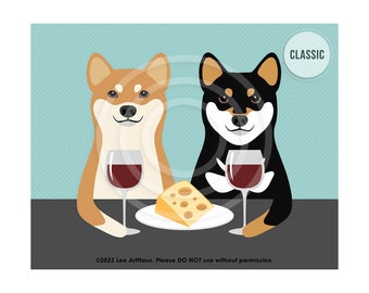 644DP Dog Art Prints - Two Shiba Inu Dogs Drinking Wine Wall Art - Shiba Inu Decor - Wine and Cheese - Shiba Inus - Pet Portrait - Funny Dog