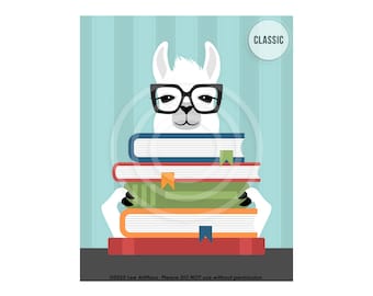 15JP Book Art Prints - Llama Reading Stack of Books Wall Art - Llama Gifts - Reading Sign - Art for Little Girls Room - Book Nursery Decor