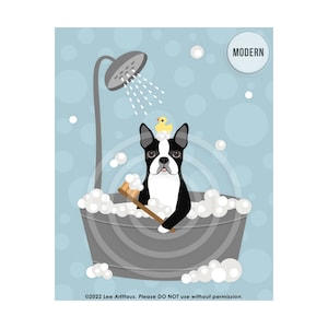 18DP Boston Terrier Gifts - Boston Terrier Dog in Gray Bath Tub Wall Art - Bathroom Print - Boston Terrier Art - Dog Prints - Dog Decor