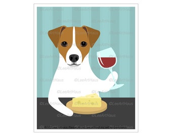 241D Pet Portrait - Jack Russell Terrier Drinking Wine and Eating Cheese Wall Art - Jack Russell Gifts - Wine and Cheese Decor - Dog Drawing