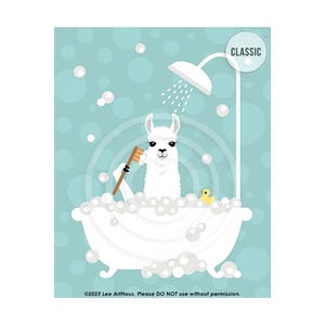 18JP Bath Print - Llama in Bubble Bath Wall Art - Bathtub Print - Llama Drawing - Funny Farm Animals - White Llama Print - Art for Children