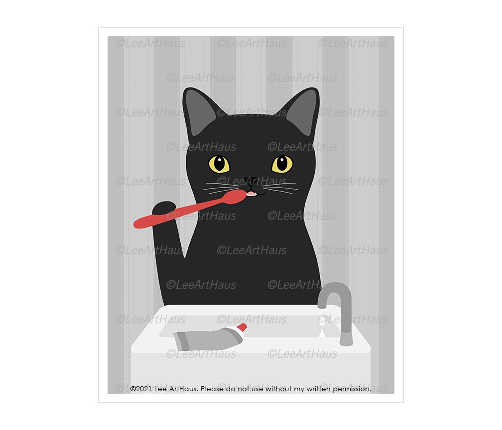 326D Cat Bath Art Black Cat Brushing Teeth Wall Art Black Etsy
