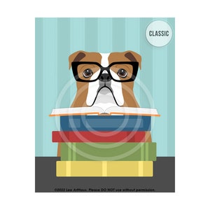 527DP English Bulldog Reading Stack of Books Wall Art English Bulldog Decor Classroom Wall Art Animal Reading Book Library Decor CLASSIC