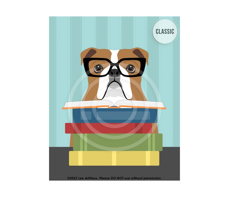 527DP English Bulldog Reading Stack of Books Wall Art English Bulldog Decor Classroom Wall Art Animal Reading Book Library Decor CLASSIC