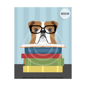 527DP English Bulldog Reading Stack of Books Wall Art English Bulldog Decor Classroom Wall Art Animal Reading Book Library Decor MODERN