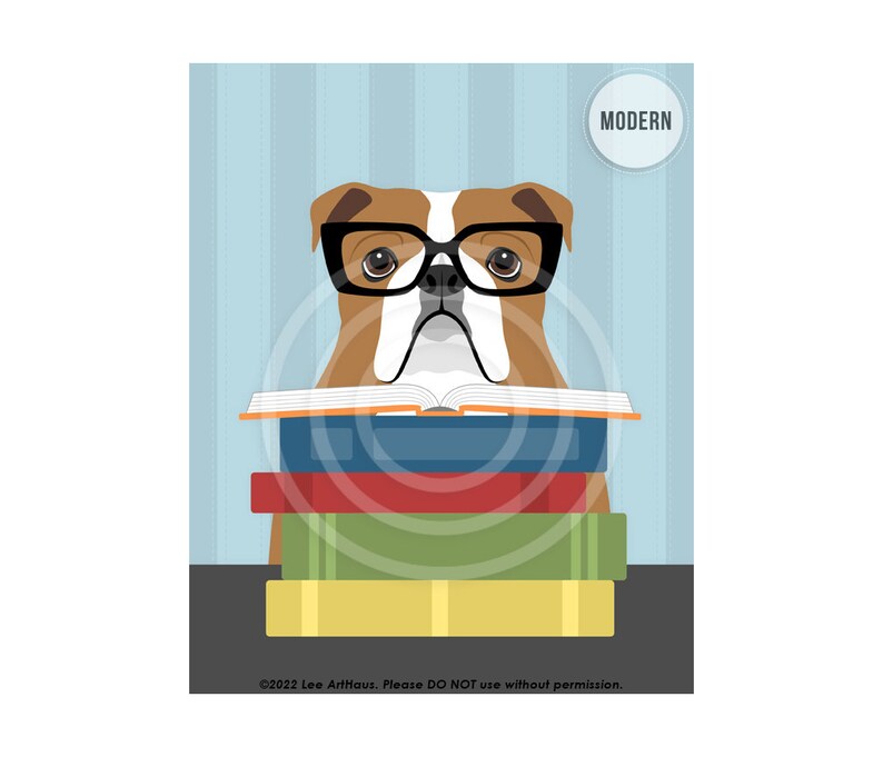 527DP English Bulldog Reading Stack of Books Wall Art English Bulldog Decor Classroom Wall Art Animal Reading Book Library Decor MODERN