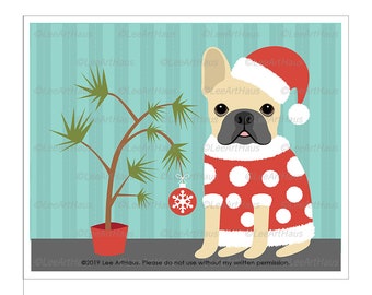 6DH Dog Art Prints - French Bulldog with Little Christmas Tree Wall Art - French Bulldog Gifts - French Bulldog Christmas - Dog Gift