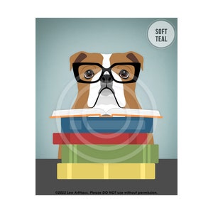 527DP English Bulldog Reading Stack of Books Wall Art English Bulldog Decor Classroom Wall Art Animal Reading Book Library Decor SOFT TEAL