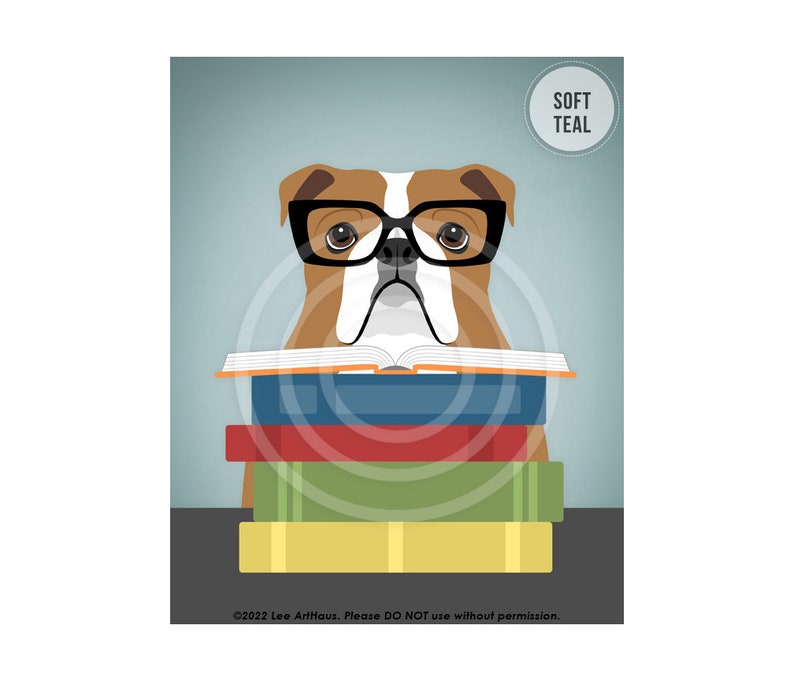 527DP English Bulldog Reading Stack of Books Wall Art English Bulldog Decor Classroom Wall Art Animal Reading Book Library Decor SOFT TEAL