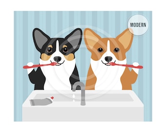 76DP Two Corgi Dogs Brushing Teeth Wall Art -Brush Your Teeth Sign - Corgi Art - Corgi Decor - Dog Bath Art - Dental Hygeine - Dog Prints