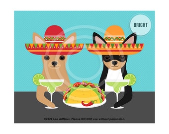 682DP Chihuahua Art - Two Chihuahuas Drinking Margaritas and Eating Taco Wall Art - Taco Twosday - Chihuahua Mom - Margarita Gift - Dog Art