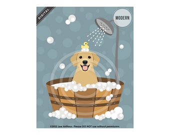 253DP Golden Retriever in Wooden Bathtub Digital Art - Golden Retriever Gifts - Dog Bathroom Wall Art - Dog Picture - Golden Retriever Art
