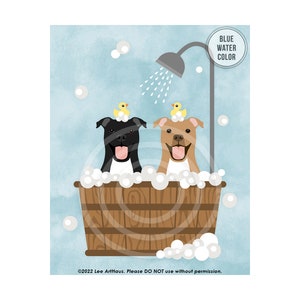 140DP Two Pit Bull Dogs in Wooden Tub Wall Art - Bath Art Prints - Pit Bull Gifts - Dog Taking Bath - Pit Bull Mom Gift - Pit Bull Lover