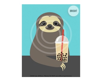 62JP Sloth Drinking Bubble Tea - Boba Tea Art - Sloth Drawing - Funny Sloth Art - Bubble Tea Gifts - Cute Animal Decor - Tea Lover Gifts