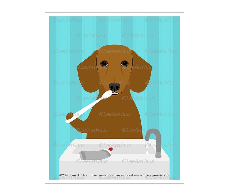 140D Dog Bath Art Red Dachshund Dog Brushing Teeth Wall Art Etsy