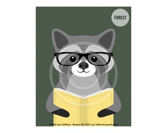 1AP Raccoon Reading Book Wall Art - Raccoon Art - Animal Reading Decor - Library Wall Art - Cute Animal Prints - Raccoon Drawing