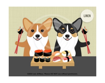 468DP Corgi Gifts - Two Corgi Dogs Eating Sushi Wall Art Print - Sushi Print - Modern Dog Art - Foodie Gift - Sushi Drawing - Dog Decor