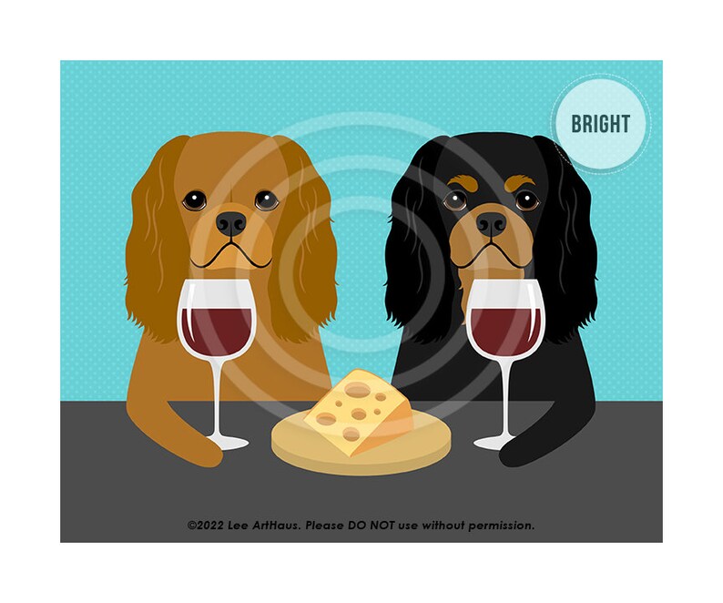 444DP Two Cavalier King Charles Spaniels Drinking Wine and Eating Cheese Wall Art Dog Wall Decor Cavie Art Prints Dog Drinking Wine image 5