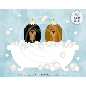 53DP Dog Art Prints- Two Cavaliers in Bathtub Wall Art - Black and Tan Cavalier Portrait - Ruby Cavalier King Charles Spaniel Print